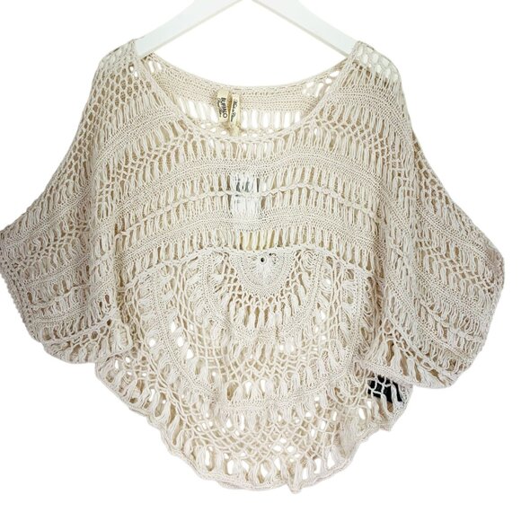 Buffalo lace crochet knit womens top cropped poncho boho color vanilla sz Large - Picture 3 of 16
